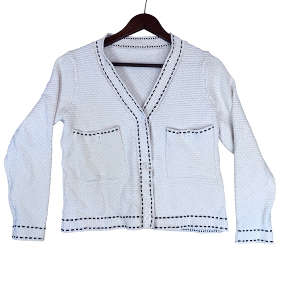 Textured White with Black Stitching Detail, V-Neck Button Up Woman’s Sweater - Picture 2 of 11